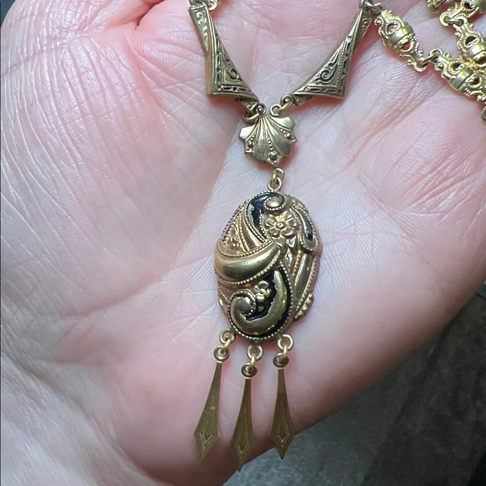 Antique 12k Gold Filled Black Taille d’Epargné Enamel Tassel Pendant Necklace